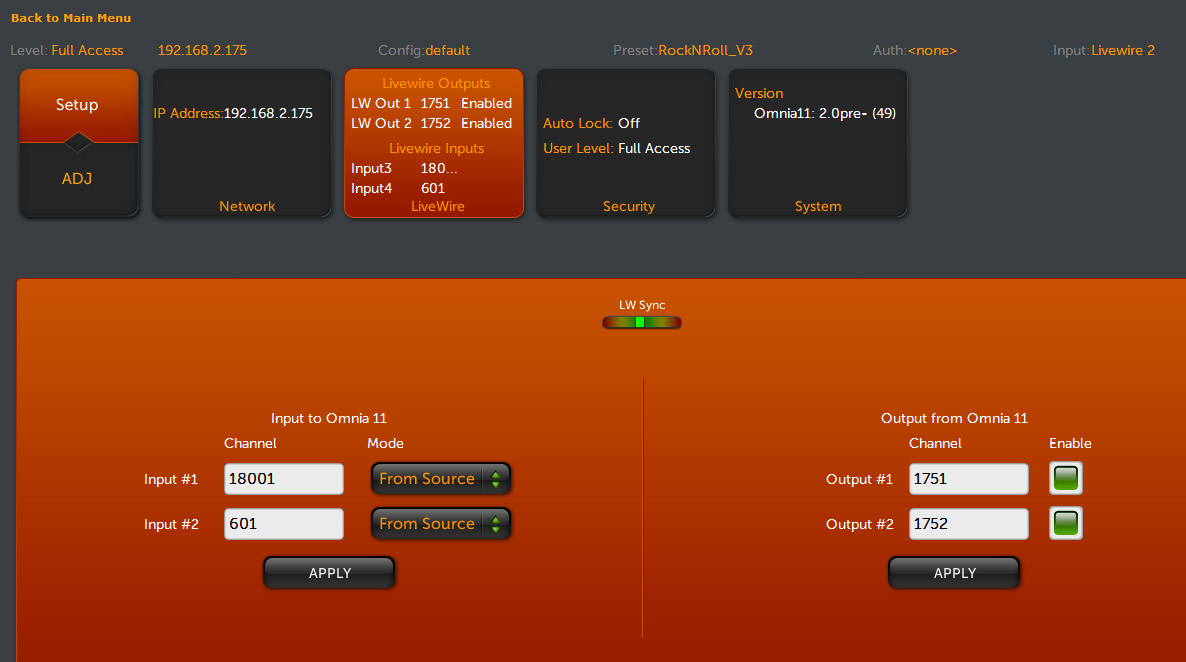 Livewire setup screen showing network status, Livewire inputs and outputs, LW Sync indicator, channel number fields, Enable checkboxes, and Apply buttons on an orange and dark gray interface