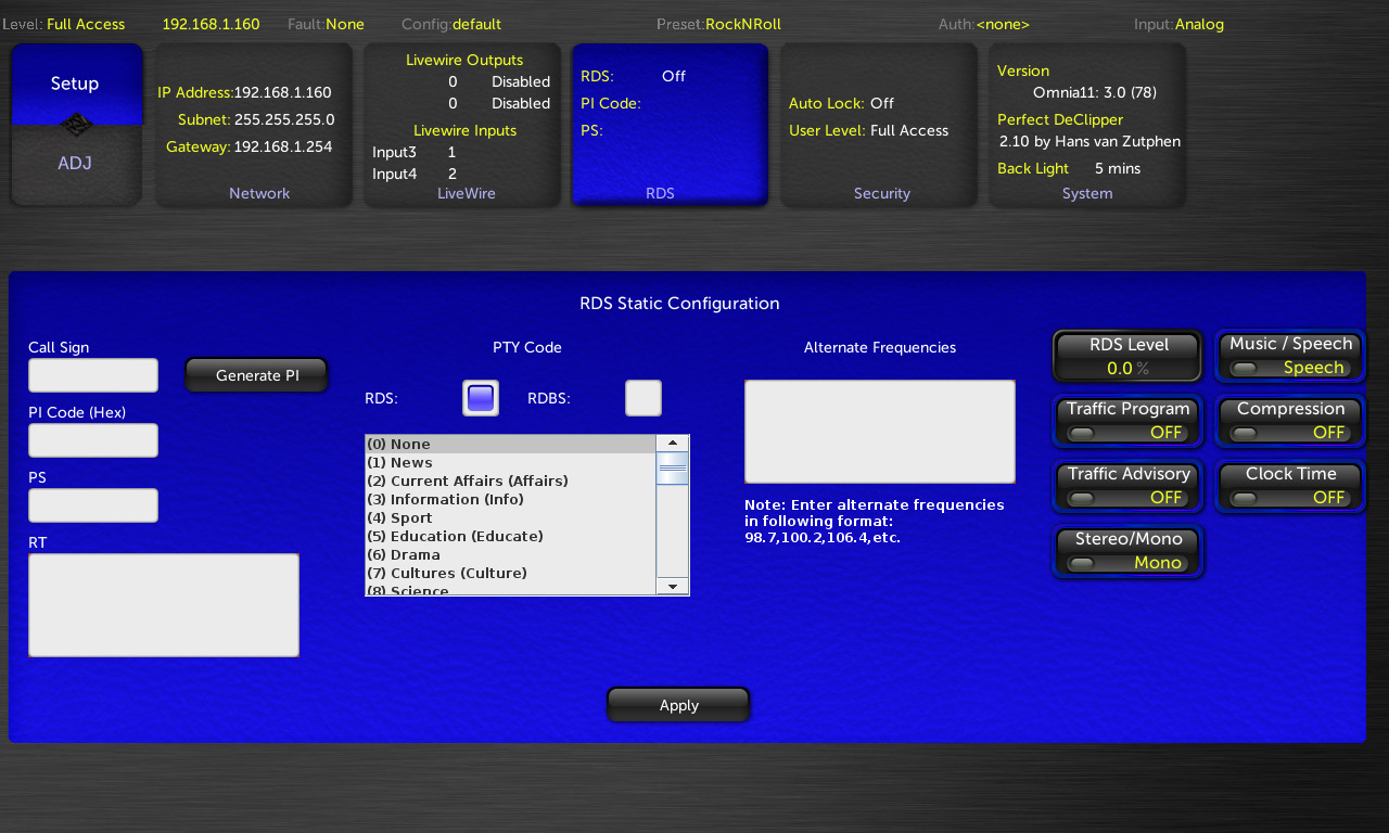 Front panel RDS Static Configuration screen of an Omnia.11 v3.0 stereo generator — blue configuration panel showing fields for Call Sign, PI Code (Hex), PS, RT, PTY Code, alternate frequencies, RDS/RDBS options, and various right-side toggle switches and controls.