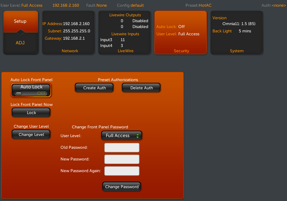 Omnia 11 Security Setup screen showing panels for Network, Livewire Outputs/Inputs, Security (Auto Lock, User Level), and System/version information, plus the Change Front Panel Password area with Old Password, New Password fields and Change Password button.
