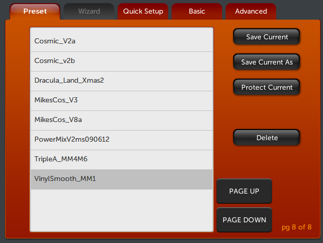 Large preset list screen with orange background showing a left list of preset names and right-side buttons Save Current, Save Current As, Protect Current, Delete, and navigation buttons PAGE UP / PAGE DOWN