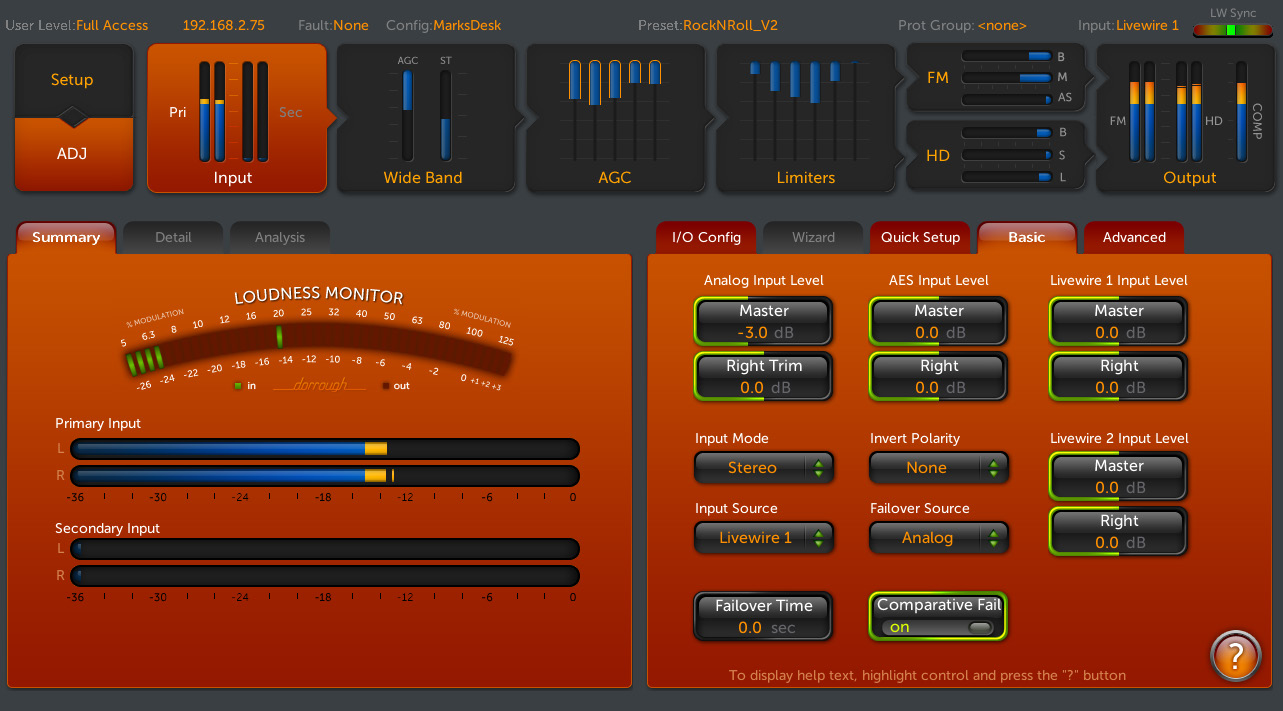 Omnia.11 Input screen user interface showing a loudness monitor on the left and I/O Config panels on the right, with orange and dark themed controls and meters.