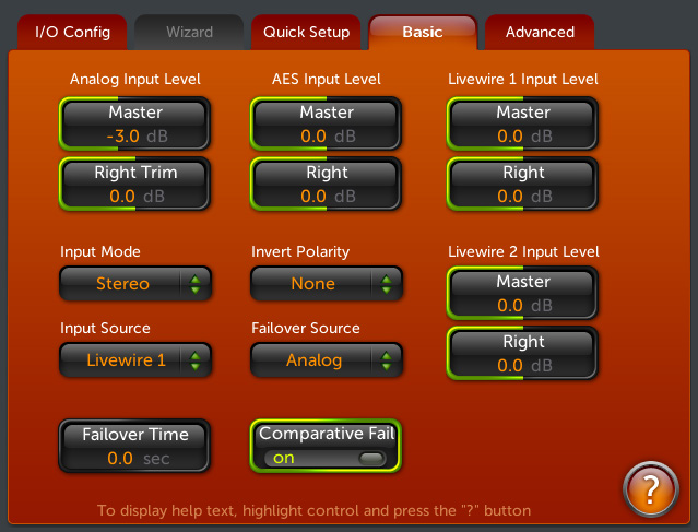 Screenshot of an orange Input Menu (Basic Tab) UI showing controls for Analog Input Level, AES Input Level, Livewire 1 and Livewire 2 input levels, Input Mode, Invert Polarity, Input Source, Failover Source, Failover Time and Comparative Fail toggle.