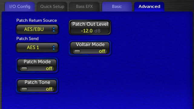 Screenshot of the Patch Point Input Menu Advanced tab showing a blue UI with controls labeled Patch Return Source, Patch Send, Patch Mode, Patch Tone, Patch Out Level and Voltair Mode