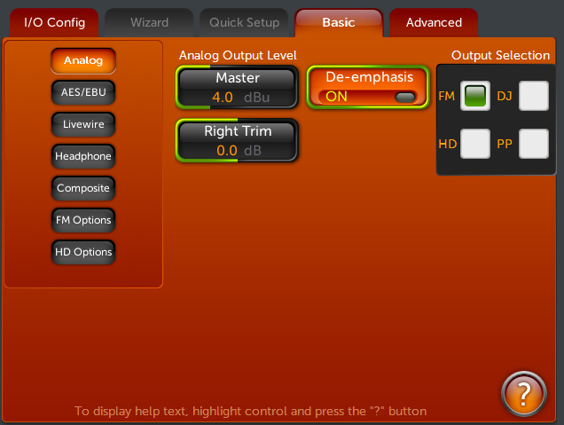 Orange user interface screenshot showing Output screen with left-side subgroup buttons and controls for Analog Output Level including Master, Right Trim, De-emphasis, and Output Selection.