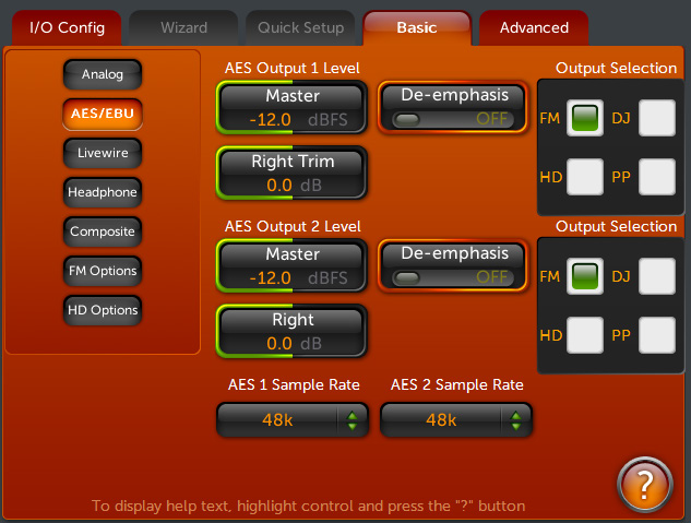 Orange user interface screenshot showing AES/EBU output controls with Master, Right Trim, De-emphasis, and sample rate controls for AES Output 1 and AES Output 2.