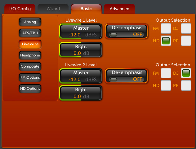 Screenshot of the Livewire Output Submenu (Basic Tab) showing an orange user interface with controls for Livewire 1 and Livewire 2 including labeled Master, Right, De-emphasis, and Output Selection knobs and buttons.