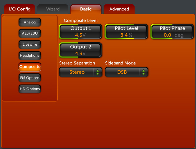 User interface screenshot showing Composite Level controls with Output 1, Output 2, Pilot Level, and Pilot Phase settings inside an orange/brown GUI panel