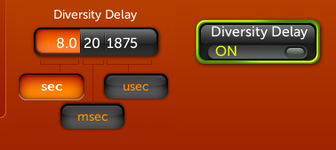 A user interface panel on an orange background showing diversity delay controls. The panel includes a numeric display reading 8.0 20 1875, a green Diversity Delay ON toggle, and orange/black buttons labeled sec, usec, and msec.