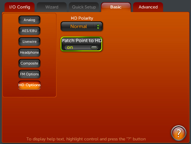 An orange settings submenu screenshot labeled HD Options Submenu (Basic Tab). The left column shows navigation buttons (I/O Config, AES/EBU, Livewire, Headphone, Composite, FM Options, HD Options) and the main panel displays controls including HD Polarity Normal and a green toggle labeled Patch Point to HD On.