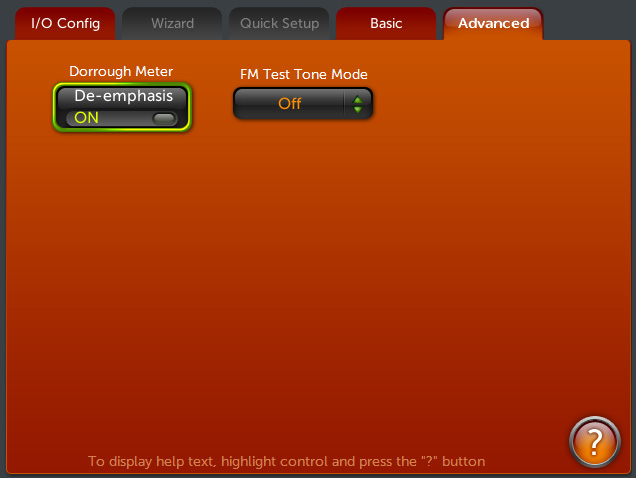 Output menu screenshot showing an orange advanced tab interface with a Dorrough Meter De-emphasis switch (ON/OFF) at left and an FM Test Tone Mode dropdown to the right.