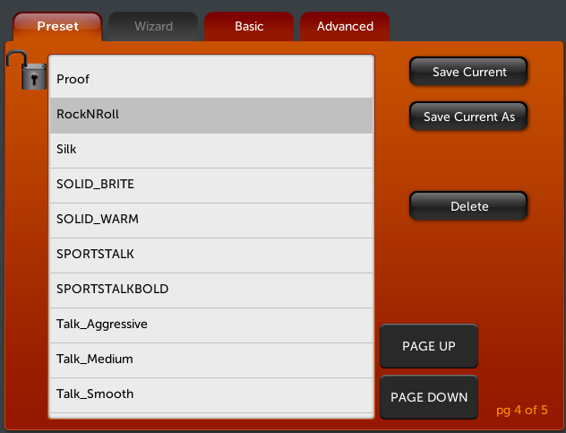 Preset tab user interface showing a list of presets on a red-orange background with PAGE UP and PAGE DOWN buttons and control buttons on the right.