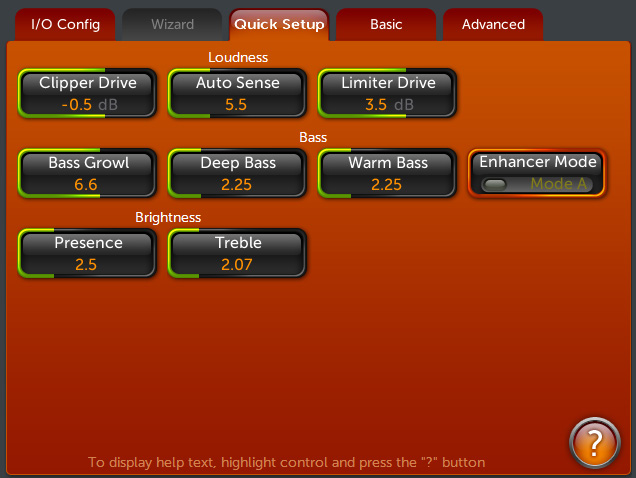 Quick Setup tab UI showing controls such as Clipper Drive, Auto Sense, Limiter Drive, Bass, Brightness and small numeric meters on an orange background.