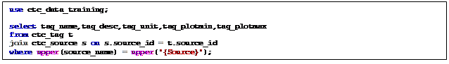 Text Box: use ctc_data_training;    select tag_name,tag_desc,tag_unit,tag_plotmin,tag_plotmax  from ctc_tag t  join ctc_source s on s.source_id = t.source_id  where upper(source_name) = upper('{Source}');