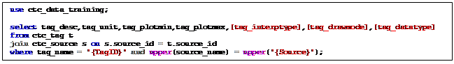 Text Box: use ctc_data_training;    select tag_desc,tag_unit,tag_plotmin,tag_plotmax,[tag_interptype],[tag_drawmode],[tag_datatype]   from ctc_tag t  join ctc_source s on s.source_id = t.source_id  where tag_name = '{TagID}' and upper(source_name) = upper('{Source}');