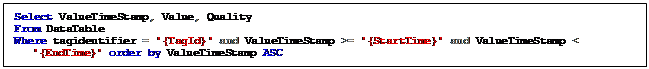 Text Box: Select ValueTimeStamp, Value, Quality  From DataTable  Where tagidentifier = '{TagId}' and ValueTimeStamp >= '{StartTime}' and ValueTimeStamp < '{EndTime}' order by ValueTimeStamp ASC