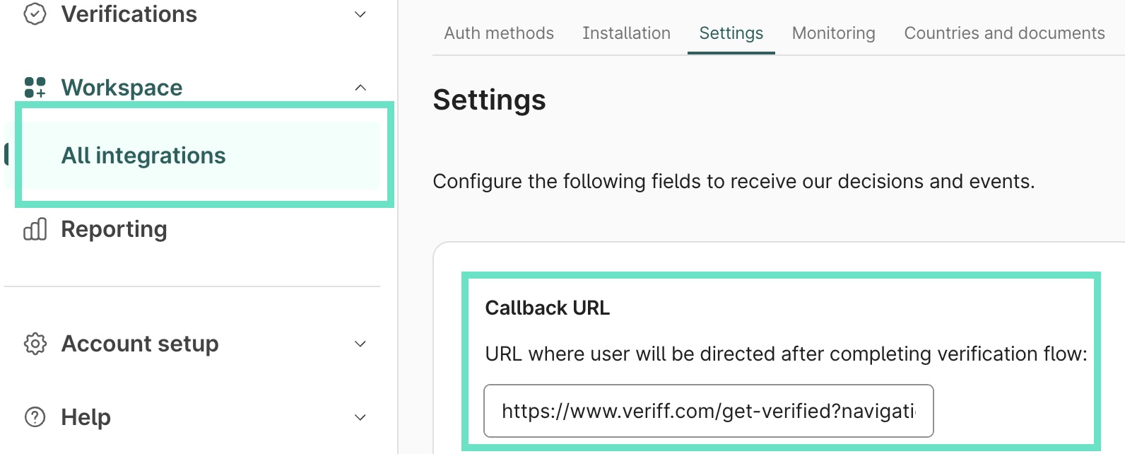 Veriff Customer Portal's Settings page showing integration's callback URL fillable field