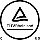 TÜV Rheinland certification logo featuring a triangle and text for quality assurance.