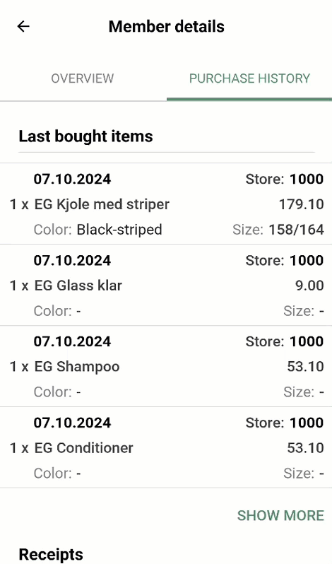 Member's purchase history in Mobile POS