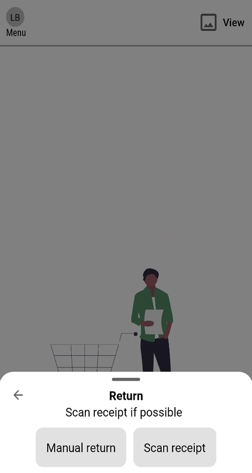 A person standing with a cart and a paper  Description automatically generated