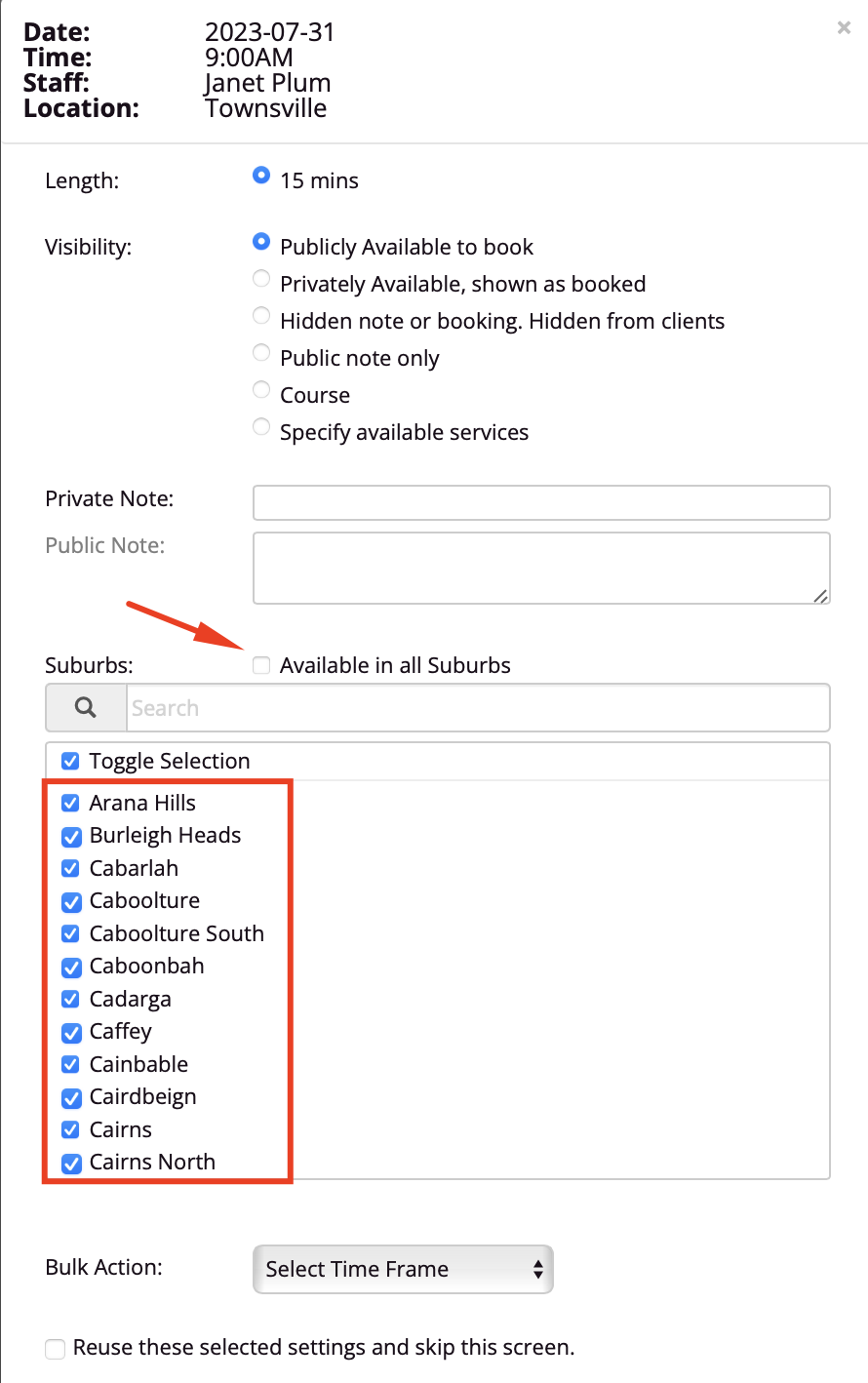 Schedule - suburb availability