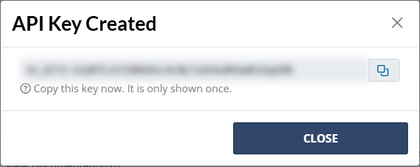 API Key Created, showing the key once