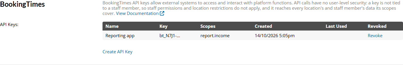 The API Keys list showing the new key