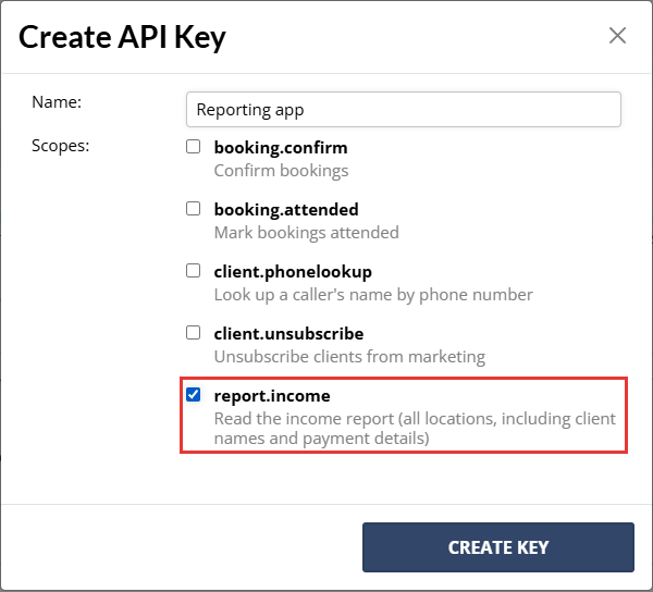 Create API Key with the report.income scope ticked