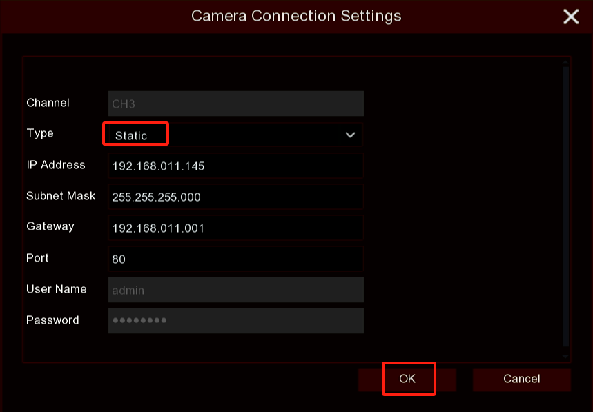 A screenshot of a camera connection settings  Description automatically generated