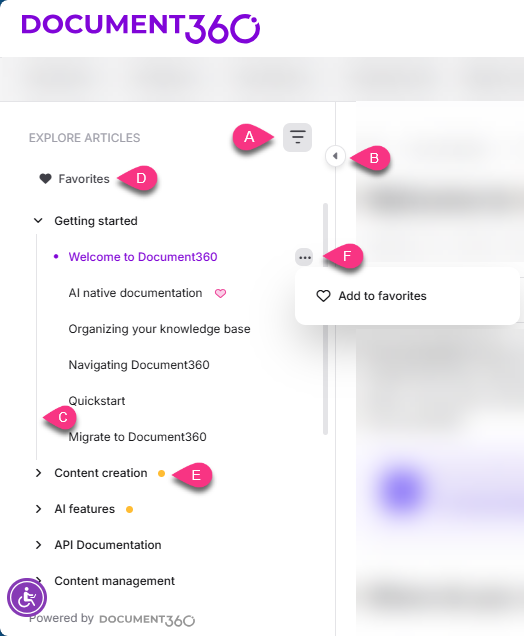 Left navigation pane of the Knowledge base site showing search bar, tree view, and article list.