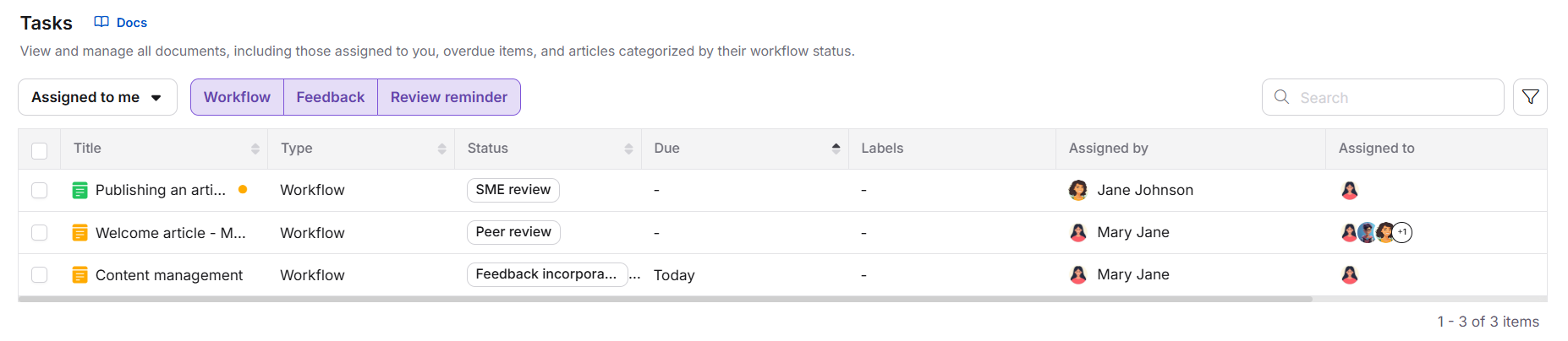 Tasks page showing Workflow, Feedback, and Review reminder tabs