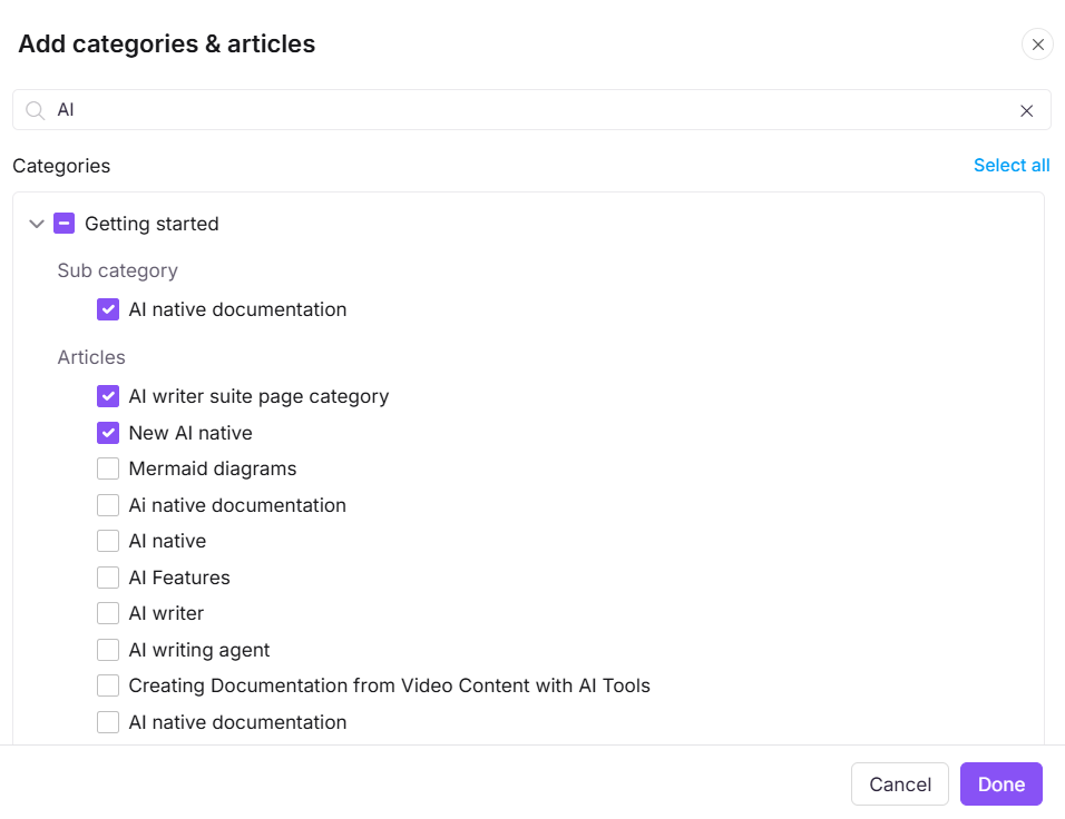 Add categories and articles dialog showing content selection for PDF export