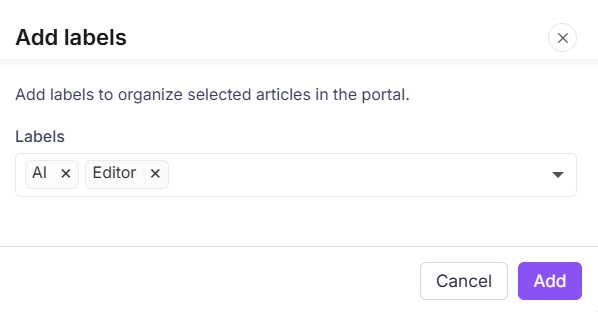 Add labels panel showing label entry field and existing label dropdown