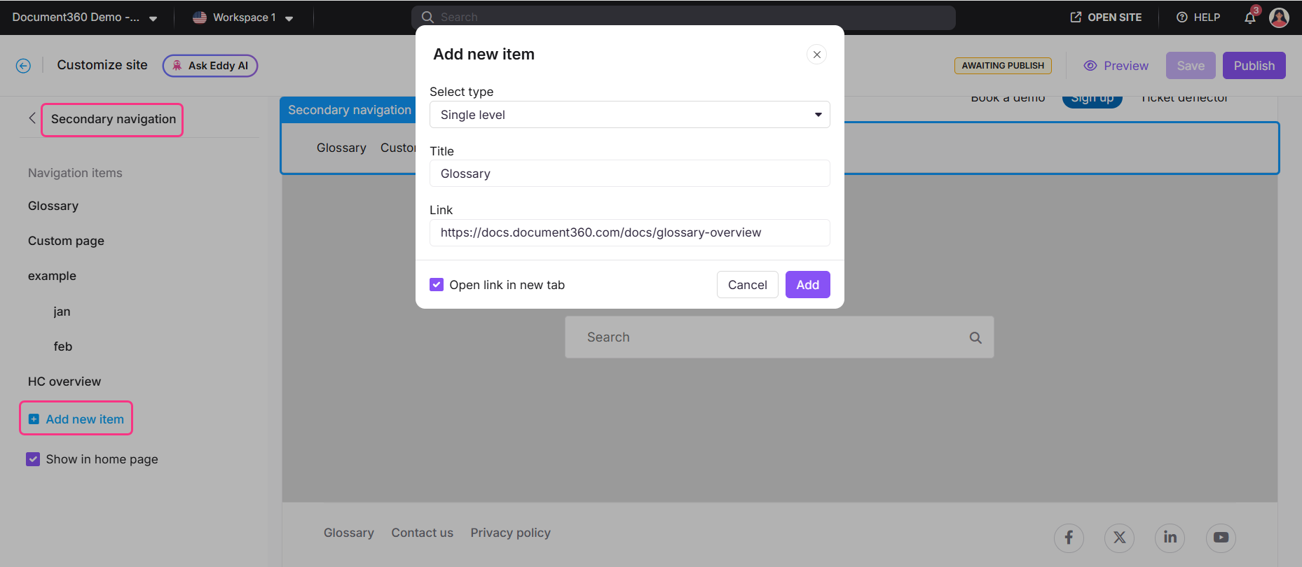 Footer settings showing custom URL configuration for the glossary link
