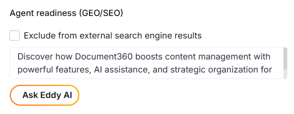 Agent readiness GEO/SEO section in the publish dialog