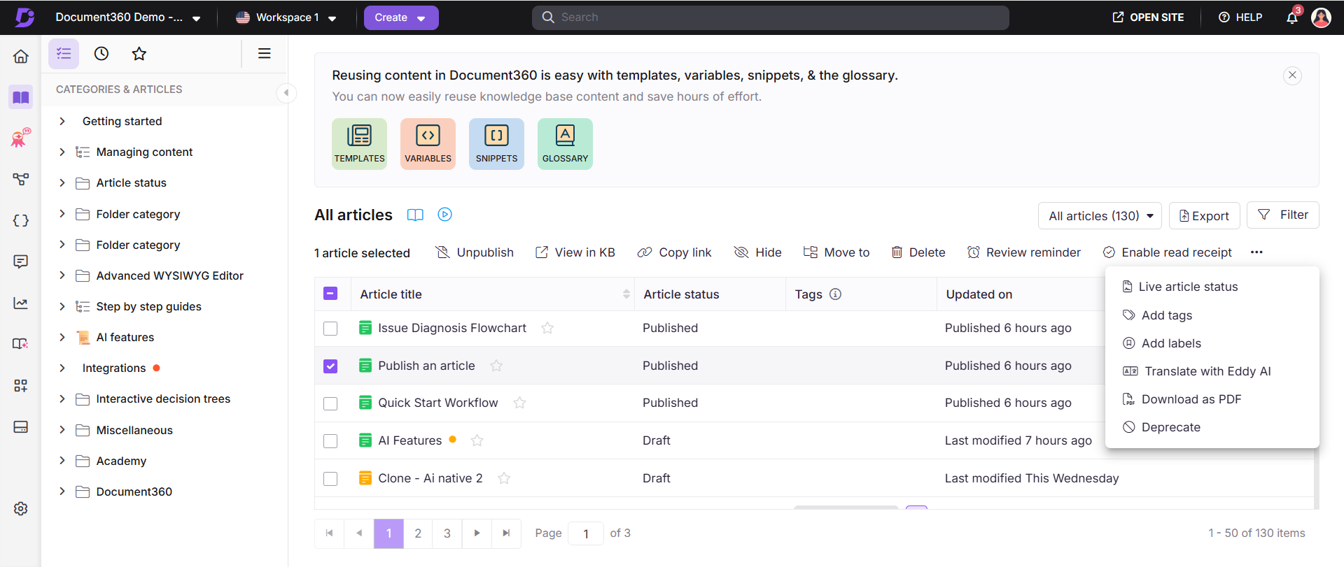 All articles page in the Document360 knowledge base portal