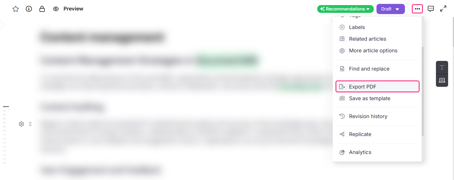 More menu in the Advanced WYSIWYG editor showing the Export PDF option