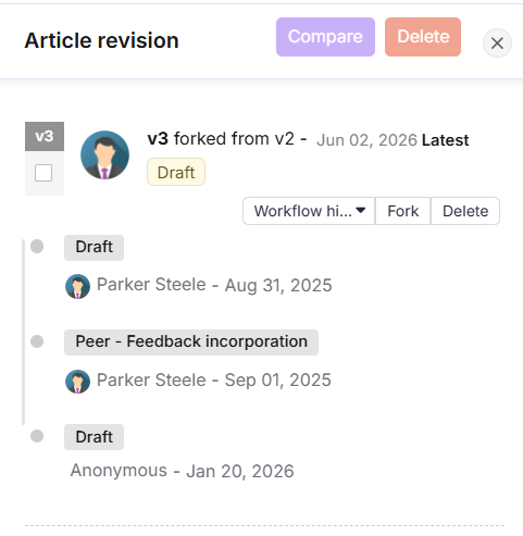 Revision history panel showing version list with Fork, Open, and Delete options