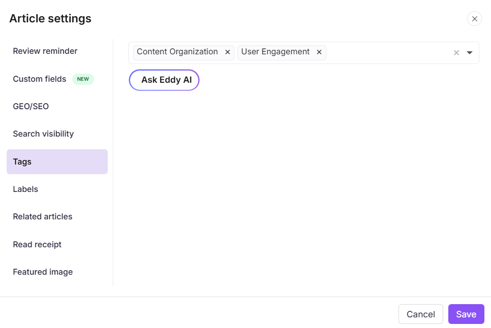 Tags tab in the Article settings panel showing the tag search and selection field
