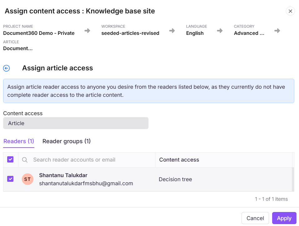 Assign article access dialog for the knowledge base site showing readers list