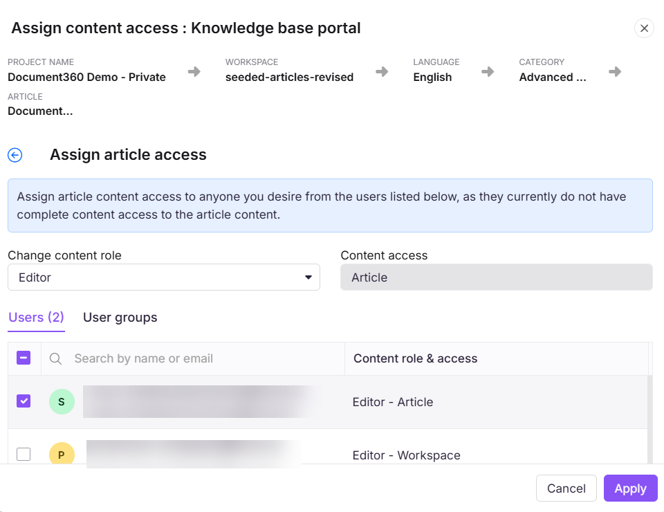 Assign article access dialog showing users list with content role selection