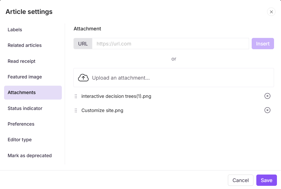 Attachments tab in the Article settings panel showing upload and URL options