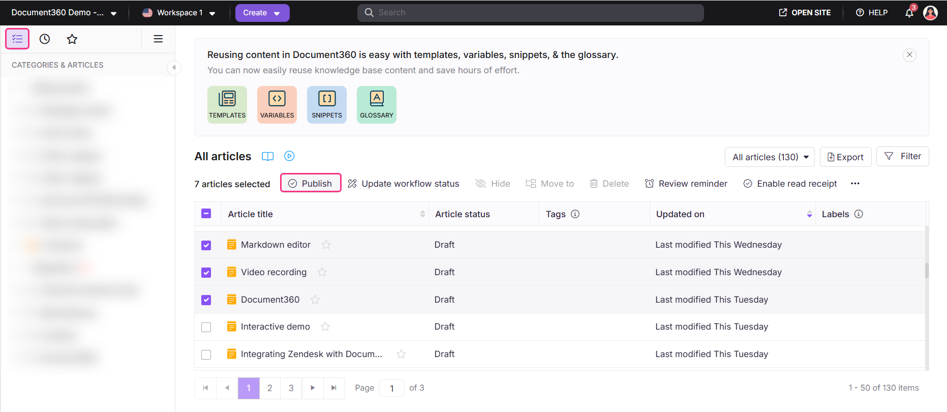 All articles page showing bulk publish action