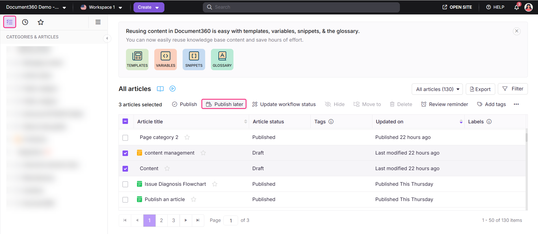 All articles page showing bulk schedule publishing in action