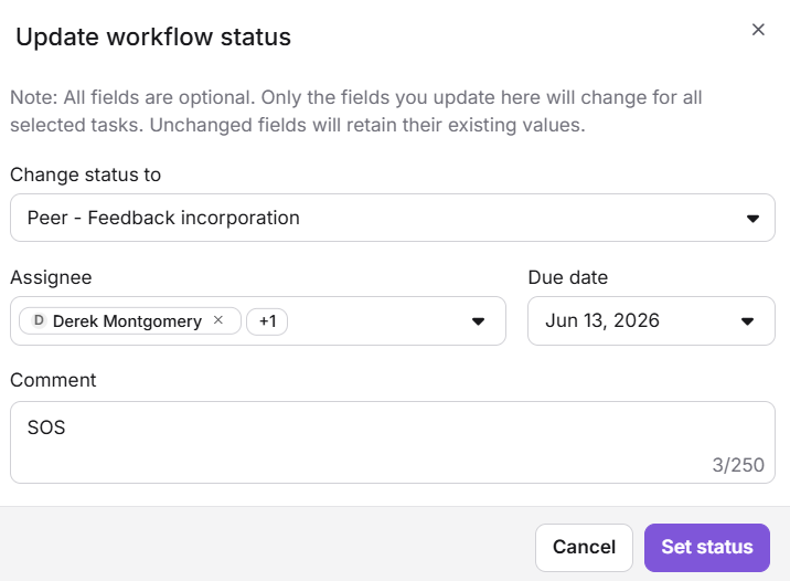 Update workflow status dialog showing status, assignee, due date, and comment fields