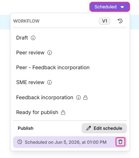 Scheduled dropdown showing the Cancel schedule option