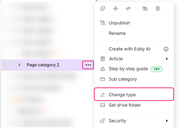 Changing a category type from the More menu