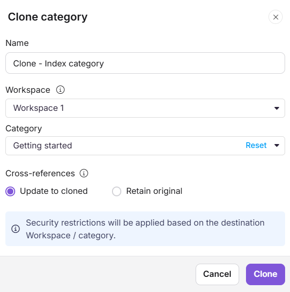 Clone category panel showing workspace, category, and cross-references fields