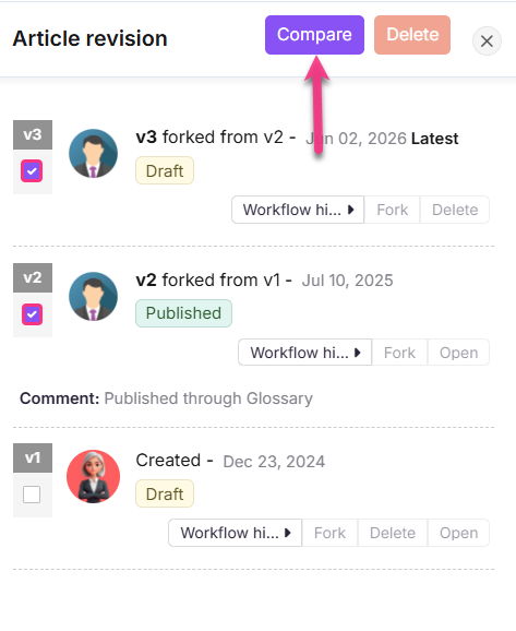 Revision history panel showing two versions selected with the Compare button