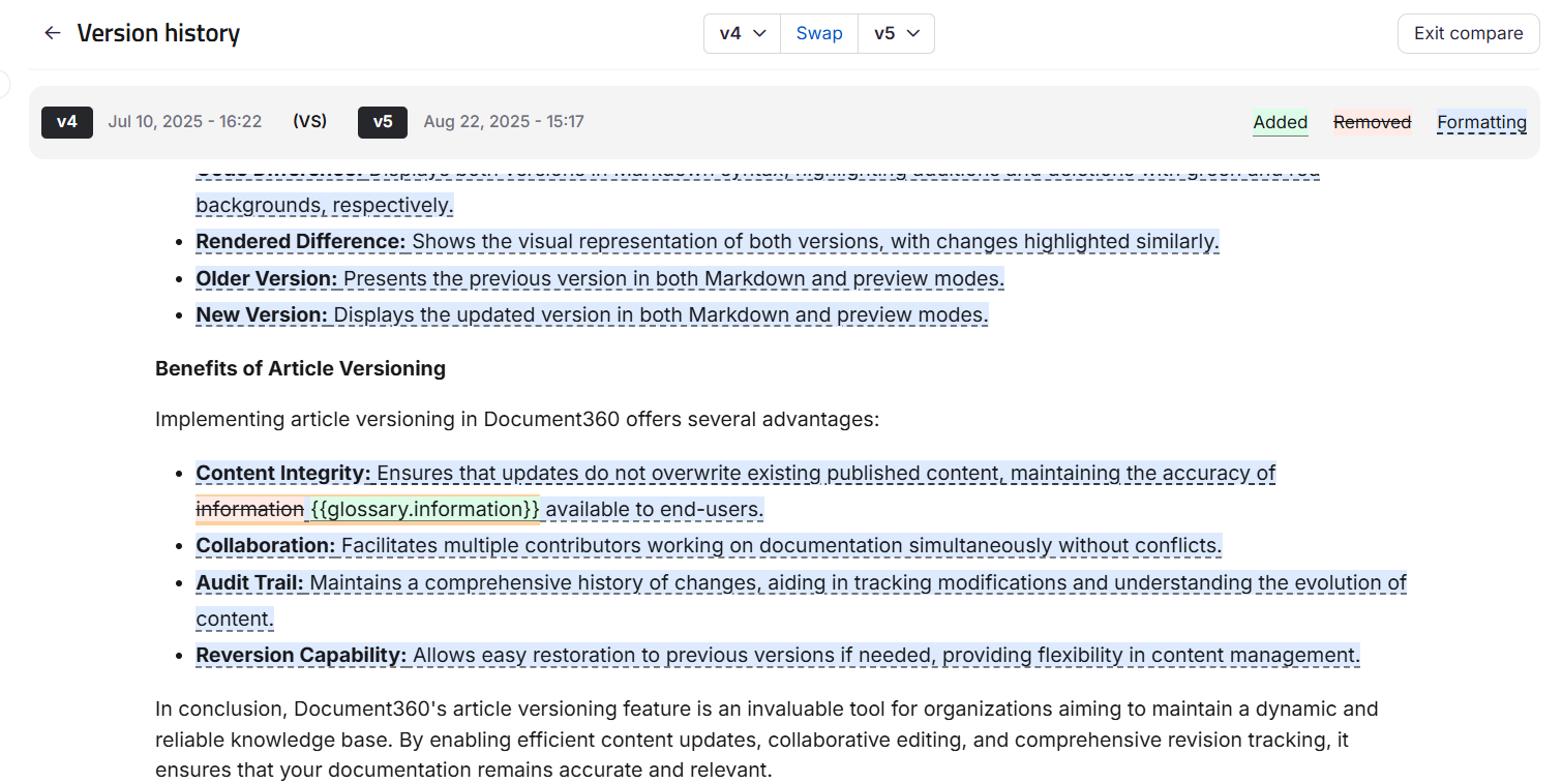 Comparison view showing added content in green, removed content in red, and formatting changes in blue