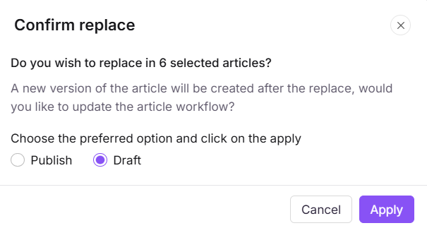 Confirmation dialog for find and replace showing Publish or Draft options
